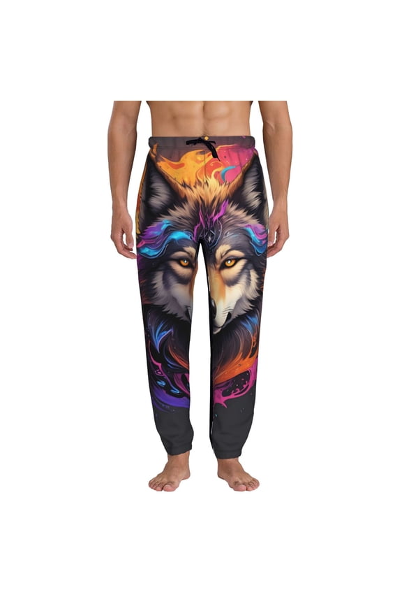 Colorful Wolf Head Print Mens Jogger Sweatpants, Men's Lounge Pants with Pockets-Small