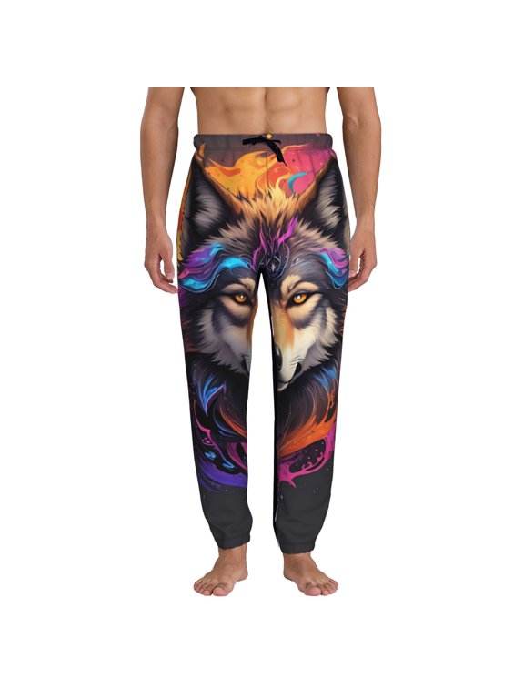 Colorful Wolf Head Print Mens Jogger Sweatpants, Men's Lounge Pants with Pockets-Small