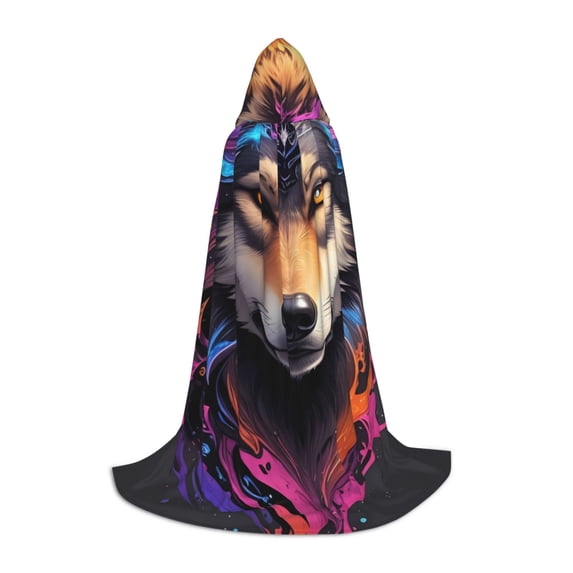 Honeii Colorful Wolf Head Print Poncho Cape, Cloak Coat, Snuggly Hooded Wearable Blanket, Hooded Cape For Teenagers,Halloween Costumes-Medium