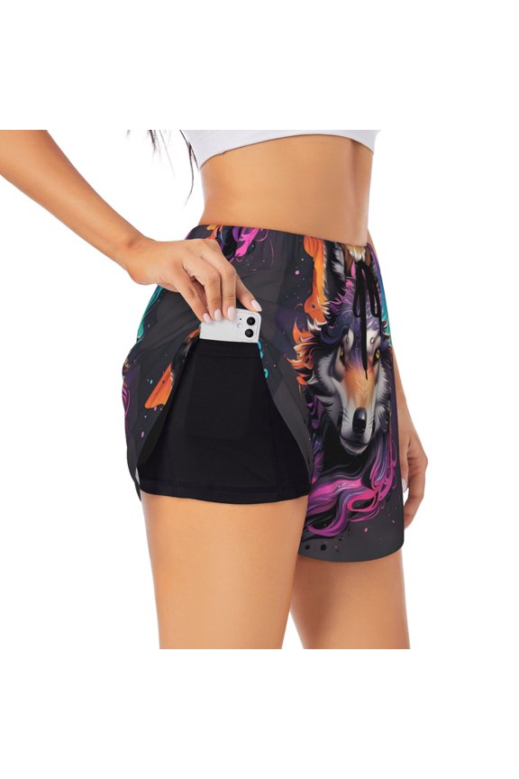 's Colorful Wolf Head A print a double-layered women's running short, ideal for gym, tennis, and various activities, complete with a practical pocket