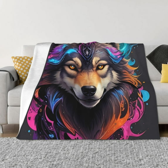 Honeii Colorful Wolf Head print throw blanket, crafted from cozy cotton flannel, offers versatile home decor as a bedding suitable for all seasons.-
