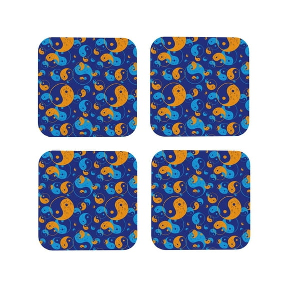 Honeii Colorful Yin Yang Print Leather Coaster Set of 4, Ideal for Safeguarding Your Furniture from Drinks Spills and Effortless Cleanup-Square