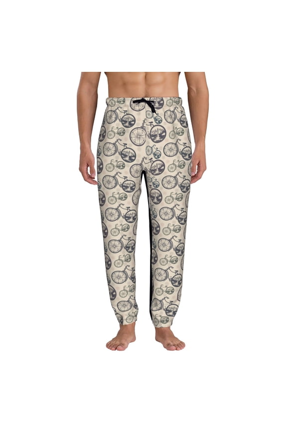 Compass And Mountains In Bicycle Wheels Print Mens Jogger Sweatpants, Men's Lounge Pants with Pockets-