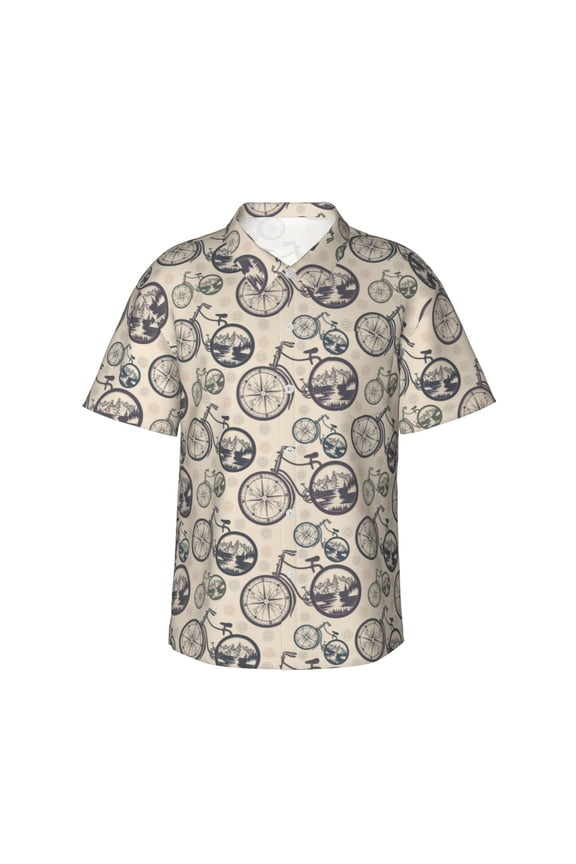 Compass And Mountains In Bicycle Wheels Print Men’s Hawaiian Shirt,Classic Button-Down Short Sleeve Shirt, for Beach, Vacation, and Outdoor Activities,Small
