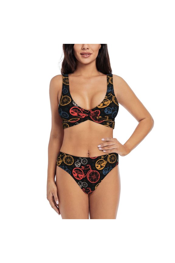 Compass And Mountains In Bicycle Wheels1 Print Women’s Bikini Set,Two Piece Swimsuit Bathing Suits,Stylish High Elasticity Swimwear for Beach and Pool