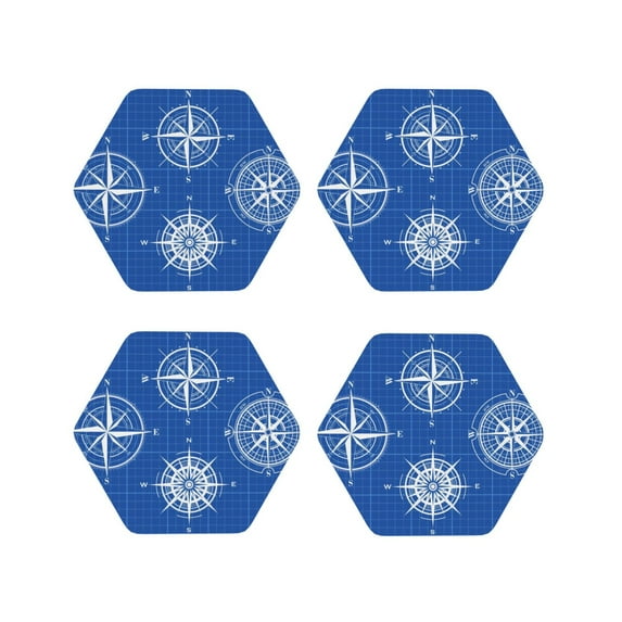 Honeii Compass Print Leather Coaster Set of 4, Ideal for Safeguarding Your Furniture from Drinks Spills and Effortless Cleanup-Hexagon