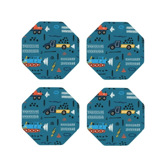 Honeii Construction Trucks print Leather Coaster Set of 4, ideal for safeguarding your furniture from drinks spills and effortless cleanup-Octagon