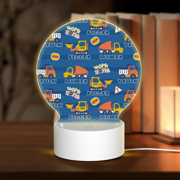 Honeii Construction Vehicles Print Acrylic LED Night Lamp,Round Touch-Control Night Light with 3 Lighting Modes,for Bedrooms, Living Rooms, and Gifting