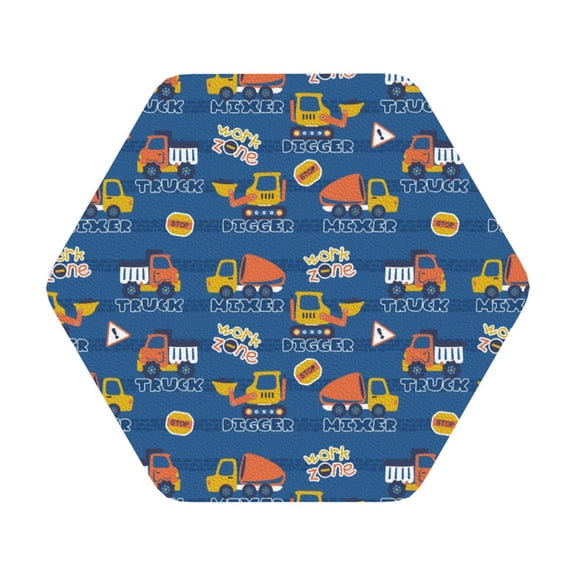 Honeii Construction Vehicles Print Leather Coaster Set of 6, Ideal for Safeguarding Your Furniture from Drinks Spills and Effortless Cleanup,Hexagon