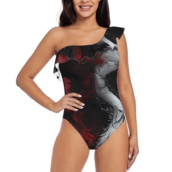 Honeii Cool Black And White Dragon for women's one-piece swimsuit featuring a chic one-shoulder design experience elegance and style in the water-Medium