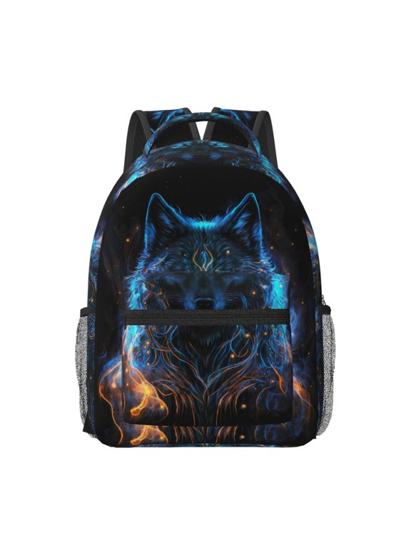 Cool Blue Light Wolf Print Backpack for School,15.6 inch Laptop Back Pack for High School and College Students, Waterproof Computer Bookbag-One Size