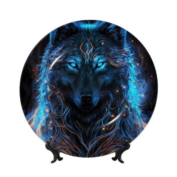 Honeii Cool Blue Light Wolf Print Elegant Bone China Decorative Plate, Porcelain Plate,Art Crafts,Ceramic Ornaments for Home Office Wall Decor-6in