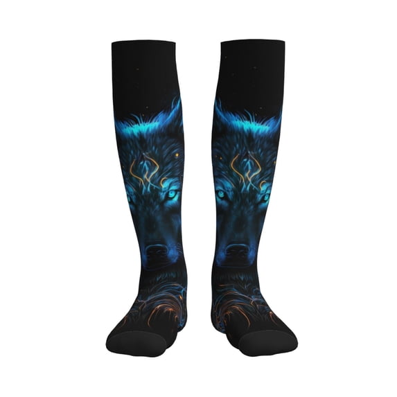Honeii Cool Blue Light Wolf Print Sports Compression Socks,Running Crew Socks,Moisture-Wicking Anti-Blister Hiking&Gym Athletic