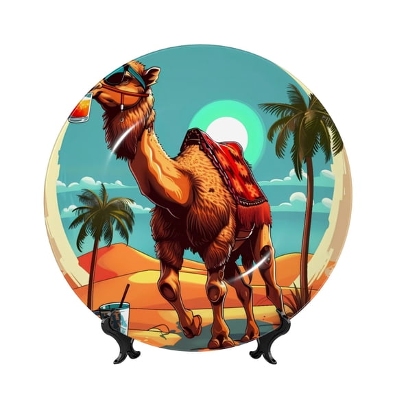 Honeii Cool Camel Oasis Vibes Print Elegant Bone China Decorative Plate, Porcelain Plate,Art Crafts,Ceramic Ornaments for Home Office Wall Decor-10in