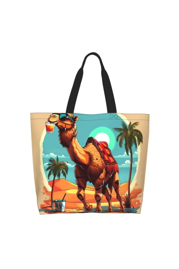 Cool Camel Oasis Vibes Print Tote Bag for Women, Foldable Tote Bag Large Shoulder Bag Top Handle Handbag for Travel, Work