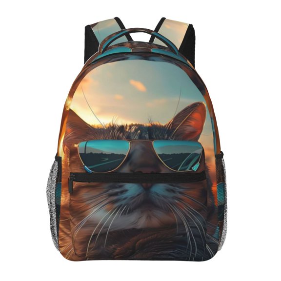 Honeii Cool Cat Driving Sunset Print Backpack for Both Men and Women, Basic Bookbag for College, Work, or Travel,Rucksack Computer Bag-One Size
