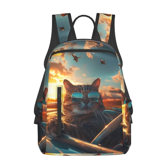 Honeii Cool Cat Driving Sunset Print Lightweight Backpacks,Carry on Backpack,Durable Backpack for School, Work & Travel