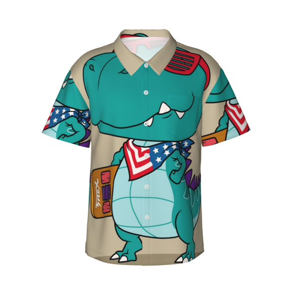 Honeii Cool Dino Playing Skateboard Print Men’s Hawaiian Shirt,Classic Button-Down Short Sleeve Shirt, for Beach, Vacation, and Outdoor Activities,Large