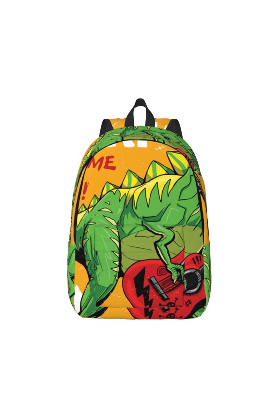 Cool Dinosaur Playing Guitar Print Canvas College Laptop Backpack, Durable Rucksack Travel Notebook Bag School Backpack Book Bag for Men Women-