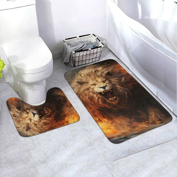 Honeii Cool Fire Lion Pattern Bathroom Anti-Skid Pad Bathroom Mat Vintage Seamless Pattern Not-Slip Toilet Rug Set