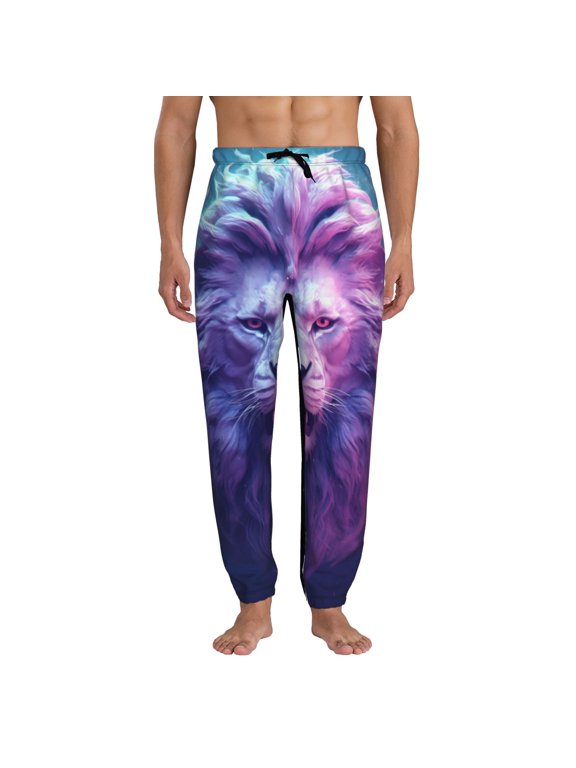 Cool Lion Head Print Mens Jogger Sweatpants, Men's Lounge Pants with Pockets-Large