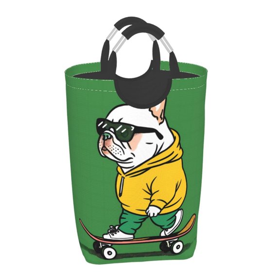 Honeii Cool Skateboarding Bulldog Print Laundry Hamper Collapsible Laundry Baskets, Freestanding Waterproof Clothes Hamper with Easy Carry Handles