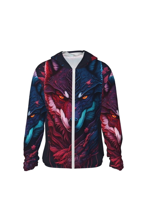 Cool Wolf Head Print Sun Protection Hoodie,Lightweight Zip-Up Hoodie for Men & Women, UV Protection Hoodie Jacket, Ideal for Outdoor Activities, Travel, and Sports-Medium