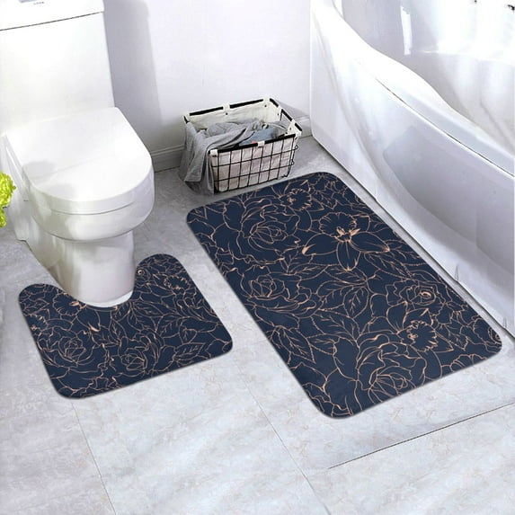 Honeii Copper-Gold Gloss Outline Cherry Pattern Bathroom Anti-Skid Pad Bathroom Mat Vintage Seamless Pattern Not-Slip Toilet Rug Set