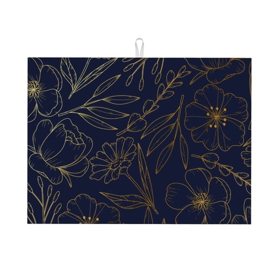 Honeii Copper-Gold Gloss Outline Flower Print Kitchen Drying Mat Coffee Bar Mat Hide Stain Coffee Maker Mat for Countertops Coffee Pot Dish Drying Mat