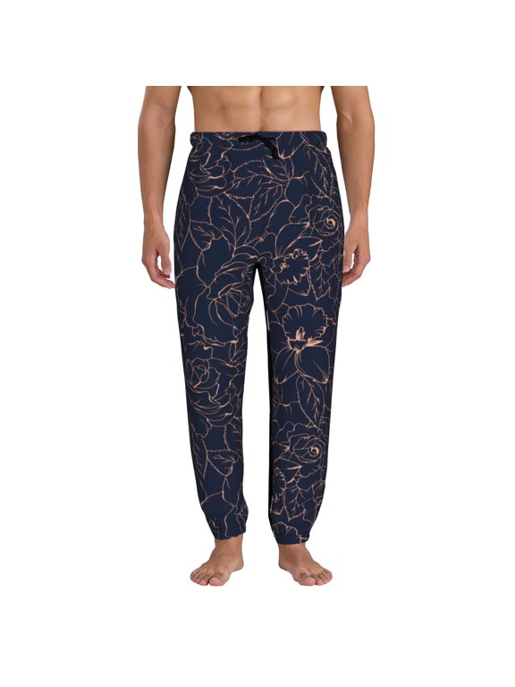 Copper-Gold Gloss Outline Flower Print Mens Jogger Sweatpants, Men's Lounge Pants with Pockets-XX-Large