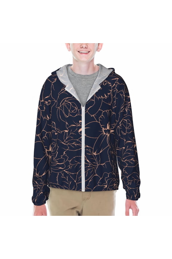 Copper-Gold Gloss Outline Flower Print Sun Protection Jacket Hooded Cooling Shirt with Pockets Hiking Outdoor Performance-Small