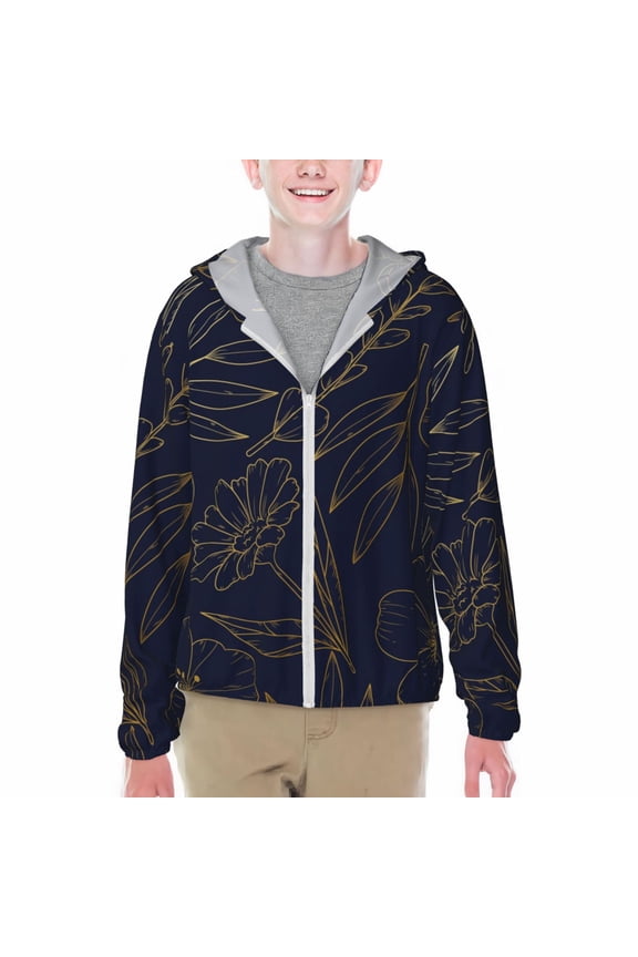 Copper-Gold Gloss Outline Flower Print Sun Protection Jacket Hooded Cooling Shirt with Pockets Hiking Outdoor Performance-Small