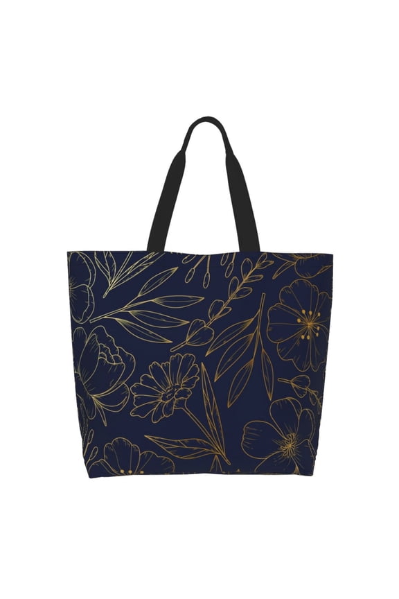 Copper-Gold Gloss Outline Flower Print Tote Bag for Women, Foldable Tote Bag Large Shoulder Bag Top Handle Handbag for Travel, Work