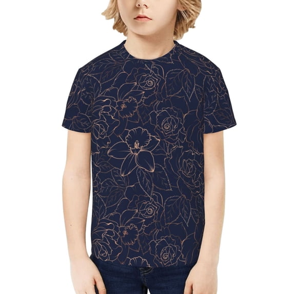 Honeii Copper-Gold Gloss Outline Navy Dark Blue Print Kids Boy T-Shirt,Breathable Round Neck Tee,Stylish Summer Tee for Boys, for Outdoor Activities and Casual Wear