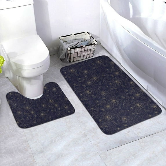Honeii Copper-Gold Gloss Outline Peony Pattern Bathroom Anti-Skid Pad Bathroom Mat Vintage Seamless Pattern Not-Slip Toilet Rug Set