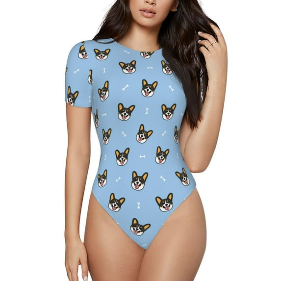 Honeii Corgi Dog Print Women's Crew Neck Short Sleeve Bodysuit Fashion T-shirt Tops-Small