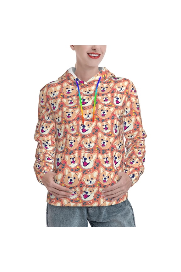 Corgi Head with Floal Pattern Womens Oversized Hoodies Long Sleeve Sweatshirts Pullover Fall Outfits with Pocket-