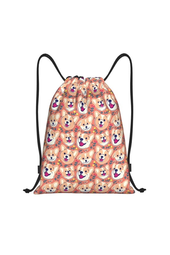 Corgi Head with Floal Print Drawstring Backpack,Drawstring Bags String Backpack Gym Cinch Sack Backpack Sport Bag Draw-Small