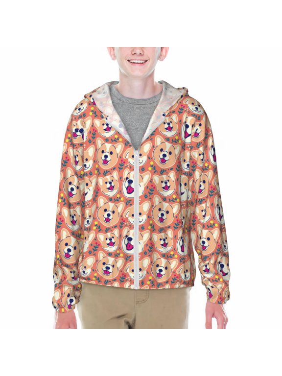 Corgi Head with Floal Print Sun Protection Jacket Hooded Cooling Shirt with Pockets Hiking Outdoor Performance-
