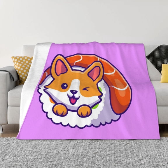 Honeii Corgi In Sushi Roll print throw blanket, crafted from cozy cotton flannel, offers versatile home decor as a bedding suitable for all seasons.-