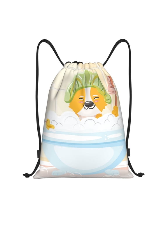 Corgi In The Shower Cap Bathing Print Drawstring Backpack,Drawstring Bags String Backpack Gym Cinch Sack Backpack Sport Bag Draw-Small