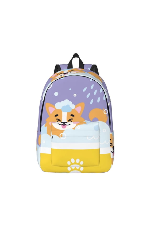 Corgi Washing in Bathtub Print Canvas College Laptop Backpack, Durable Rucksack Travel Notebook Bag School Backpack Book Bag for Men Women-Medium