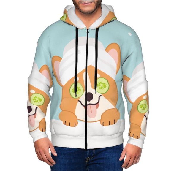 Honeii Corgi With Towel Ans Slice Cucumber Print Hoodies for Men, Pullover & Full Zip, Breathable Zip up Hoodie, Sweatshirt-Small