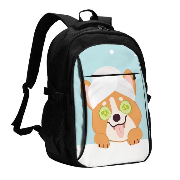 Honeii Corgi With Towel Ans Slice Cucumber for Travel Laptop Backpack, Business Laptops Backpack with USB Charging Port, College High School Computer Bag for Men Women