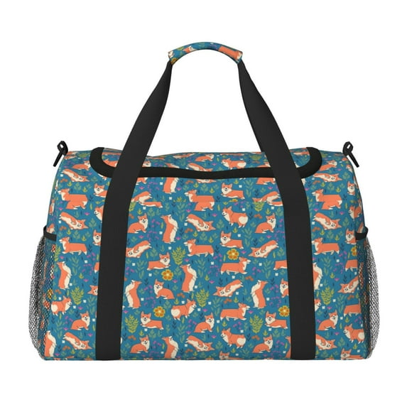 Honeii Corgi with Flowers Print Gym Bag,Carry on Weekender Overnight Bag, Travel Duffel Bags, Personal Item Travel Bag,Tote Bag,Workout Dance Bag