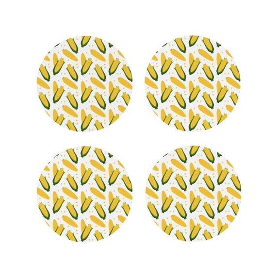 Honeii Corn On The Cob print Leather Coaster Set of 4, ideal for safeguarding your furniture from drinks spills and effortless cleanup-Round Shape