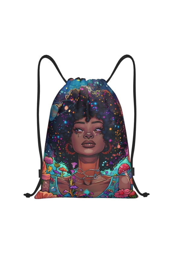 Cosmic Garden Woman Portrait Print Drawstring Backpack,Drawstring Bags String Backpack Gym Cinch Sack Backpack Sport Bag Draw-Small