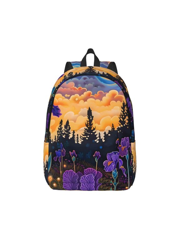 Cosmic Irises At Twilight Print Canvas College Laptop Backpack, Durable Rucksack Travel Notebook Bag School Backpack Book Bag for Men Women-
