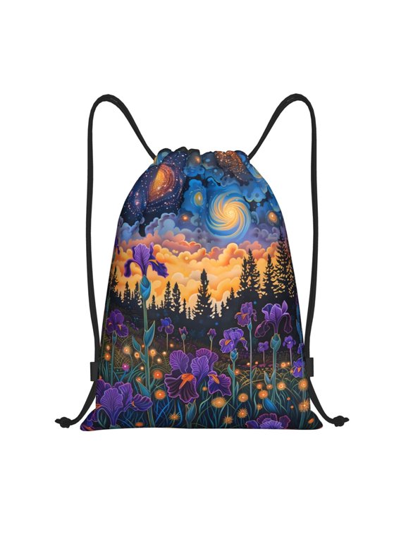 Cosmic Irises At Twilight Print Drawstring Backpack,Drawstring Bags String Backpack Gym Cinch Sack Backpack Sport Bag Draw-Small