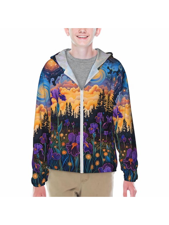 Cosmic Irises At Twilight Print Sun Protection Jacket Hooded Cooling Shirt with Pockets Hiking Outdoor Performance-Large